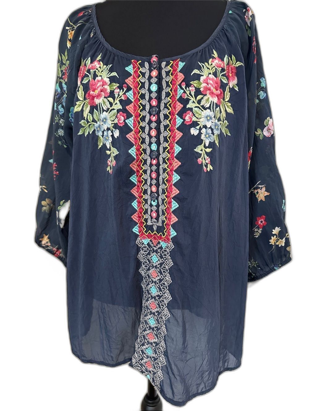 Excellent condition- Johnny Was  Navy Floral Embroidered Peasant Tunic